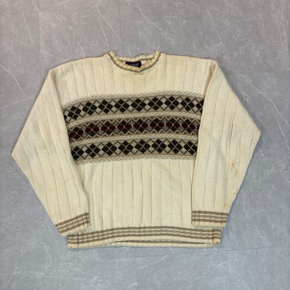 Vintage Liberty Mens Cream Argyle Ribbed Knit Crewneck Sweater Brown Burgundy